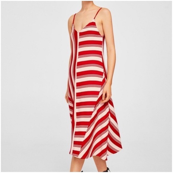 Mango MNG Casual Red White Striped Sleeveless A-Line Maxi Dress Women's S - Picture 1 of 6